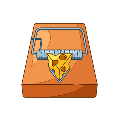 Classic Mouse Trap Features A Wooden Base, Spring-loaded Mechanism, And Tempting Cheese Bait Cartoon Vector Illustrationのイラスト素材