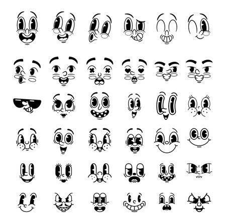 Cartoon Retro Emoji Vector Monochrome Set. Happy, Smile Whistle And Sad, Evil, Bored And Angry. Fall In Love, Smileのイラスト素材
