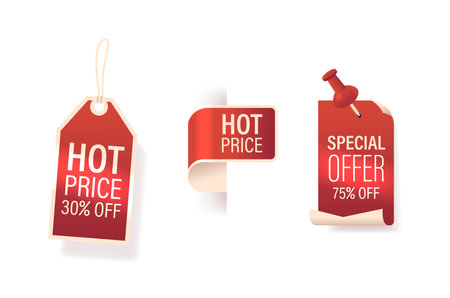 Hot Price Off Tags, Vibrant Sale Labels With Bold Typography And Eye-catching Colors, Announce Irresistible Discountsのイラスト素材