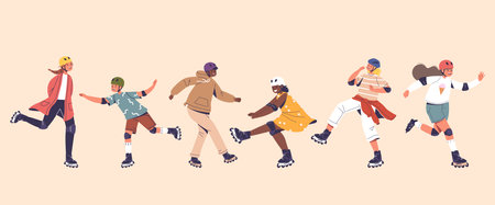 Children Characters Joyfully Glide On Roller Blades, Laughter Echoing As They Navigate Twists And Turns, A Vibrant Sceneのイラスト素材