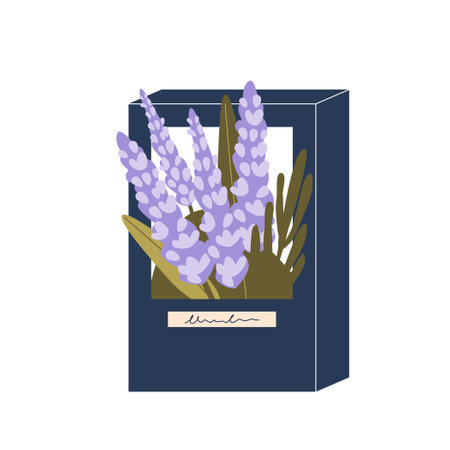 Vibrant Lavender Blossoms Nestled In Elegant Gift Packaging, A Symphony Of Colors And Fragrance. A Thoughtful Gestureのイラスト素材