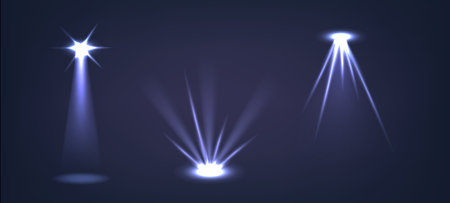 Spotlights Beams, Realistic 3d Vector Ceiling and Floor Focused, Intense Light Projections Provide Targeted Illuminationのイラスト素材