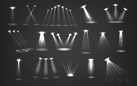 Monochrome Spotlight Beams Set. Concentrated, Intense Rays Of Light Illumination Create A Focused, Dramatic Effectのイラスト素材