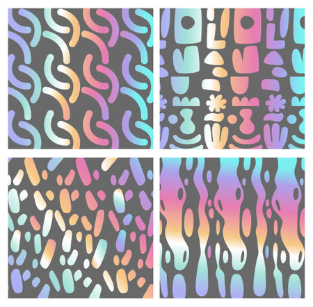 Captivating Holographic Textures Blend Glitter Foil, Metal Rainbow Gradients And Seamless Patterns. Trendy Neon Hologramのイラスト素材