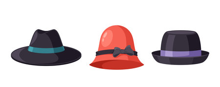 Classic Spring Hats, Fedora, Cloche And Trilby Timeless Male And Female Accessories, Providing Stylish Sun Protectionのイラスト素材