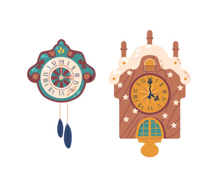 Antique Cuckoo Clocks Crafted With Intricate Woodwork Feature Charming Cuckoo Bird That Announces The Hourのイラスト素材