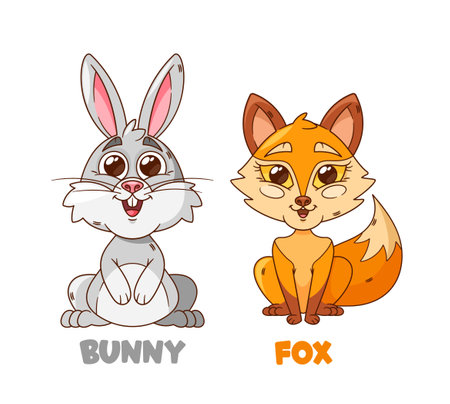 Cartoon Forest Animal Characters. Fluffy Adorable Bunny With Big, Sparkling Eyes And Clever Fox With A Mischievous Grinのイラスト素材