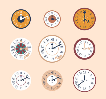 Vector Set Of Antique Clock Dials, Crafted With Precision, Showcase Intricate Designs And Ornate Roman Numeralsのイラスト素材