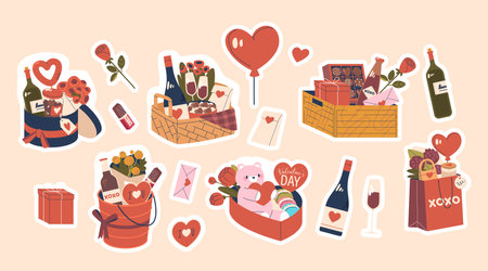 Valentines Day Gifts Vector Stickers Sets. Indulge In Love With Elegant Packaging, Curated For Romance, Patches Bundleのイラスト素材