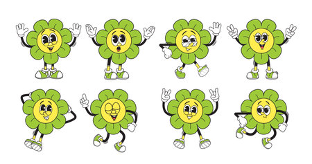 Groovy Retro Flowers Emojis. Cartoon Vibrant Burst Of Nostalgic Charm, Blending Funky Colors And Whimsical Petalsのイラスト素材