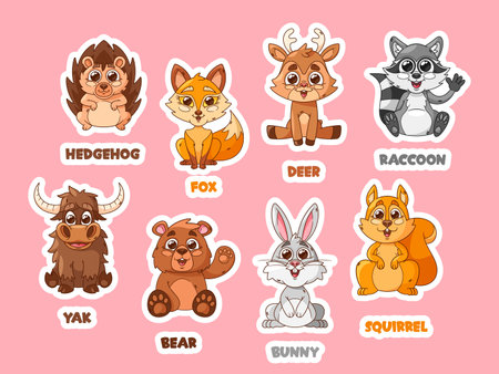 Whimsical Cartoon Forest Animal Characters Vector Stickers. Cute Charming Bear, Fox, Hedgehog and Raccoon, Patches Setのイラスト素材