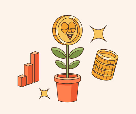 Retro Cartoon Groovy Money Tree Or Potted Plant Character With Jazzy Vibes And Funny Smiling Face. Business Personageのイラスト素材