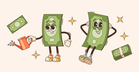 Retro Cartoon Groovy Dollar Characters Exude 70s Charm, With Psychedelic Relaxed, Carefree Attitude And Funky Styleのイラスト素材