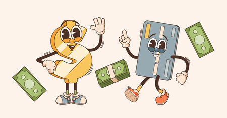 Retro Cartoon Groovy Financial Characters. Funky Dollar Sign With Psychedelic Vibes Waving Hand, And Credit Cardのイラスト素材