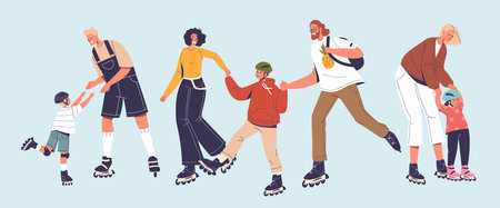 Family Characters Parents and Kids Joyfully Glide Together On Roller Skates. People Weaving Through The Rinkのイラスト素材