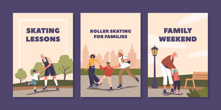 Banners Showcase Joy As Parents And Kids Family Characters Roll Through The Park On Roller Skates, Banner, Poster, Flyerのイラスト素材