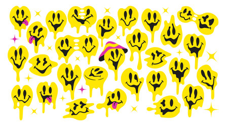 Groovy Melting Smiling Faces. Psychedelic Distorted Emojis. Trippy Acid Rave Style Quirky Cartoon Urban Graffiti In 70sのイラスト素材