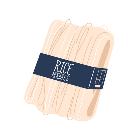Rice Noodles Package Isolated On White Background. Quick To Cook And Versatile For Stir-fries Or Soups, Vectorのイラスト素材