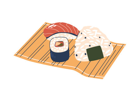 Sushi, Sashimi and Roll Feature Expertly Sliced Raw Fish, Vibrant Vegetables, And Seasoned Rice, Artfully Combinedのイラスト素材