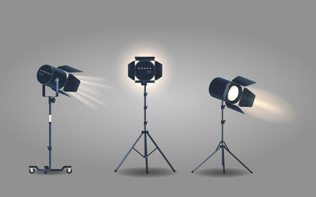 Spotlights On Tripod Illuminate And Highlight Objects Or Areas. Realistic 3d Vector Lamps Used In Theaters, Stagesのイラスト素材