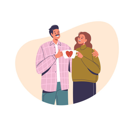 Couple Radiates Joy, Holding Cups Adorned With Lovingly Painted Hearts. Their Shared Laughter Mirrors Their Affectionのイラスト素材