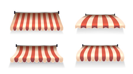 Striped Store Awnings Set, Realistic 3d Vector Tents Add Charm With Vibrant Patterns, Sheltering From Sun Or Rainのイラスト素材
