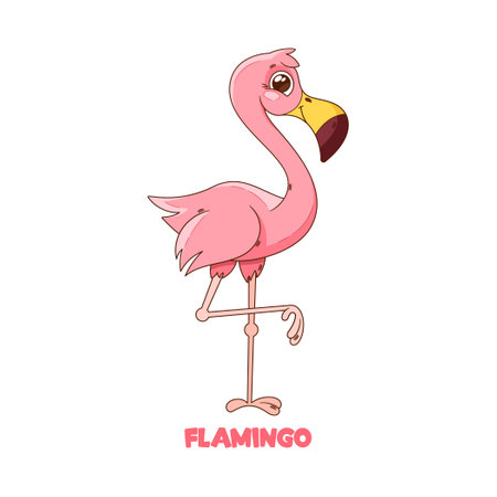 Cartoon Pink Flamingo Character With Exaggerated Long Legs And A Curvy Neck. It Has Big, Expressive Eyesのイラスト素材