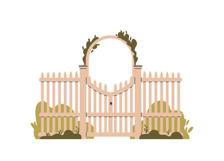 Elegant Wooden Fence And Gate, Exquisitely Crafted From Wood, Gracefully Intertwined With Lush, Manicured Hedgeのイラスト素材