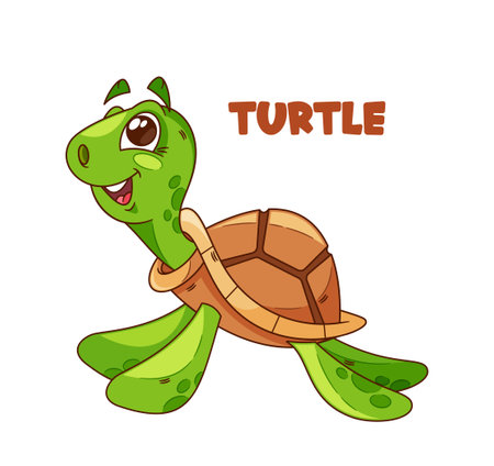 Friendly Cartoon Turtle Character With Big, Expressive Eyes, A Bright Shell Adorned With Colorful Patterns, Green Skinのイラスト素材