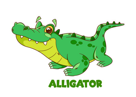 Cartoon Cheerful Cartoon Alligator Character With A Toothy Grin. Whimsical And Green Crocodile Kids Personageのイラスト素材