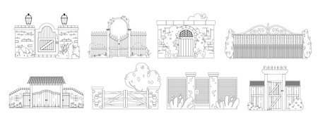 Architectural Outline Monochrome Vector Icons Set. Fences Are Barriers Enclosing Boundaries, Offering Securityのイラスト素材