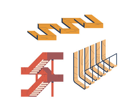 Modern Stairs, Feature Sleek, Minimalist Designs, Incorporating Materials Like Steel, Stone And Wood, With Clean Linesのイラスト素材