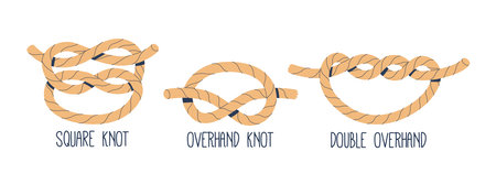 Marine Nautical Nodes. Isolated Vector Square, Overhand and Double Overhand Knots for Maritime Navigationのイラスト素材