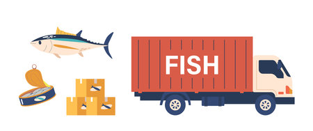 Fish Truck Transport Live Or Fresh Seafood To Markets. Canning Preserves Fish, Extending Shelf Life Vector Setのイラスト素材