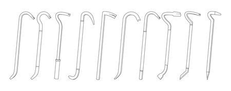 Crowbars Isolated Outline Monochrome Icons Set. Versatile Hand Tools With A Flat, Curved Metal End Used For Liftingのイラスト素材