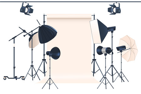 Photo Studio Light Equipment Includes Key Lights, Fill Lights, Backlights, Softbox, Umbrella, Light Stand, Backdropのイラスト素材