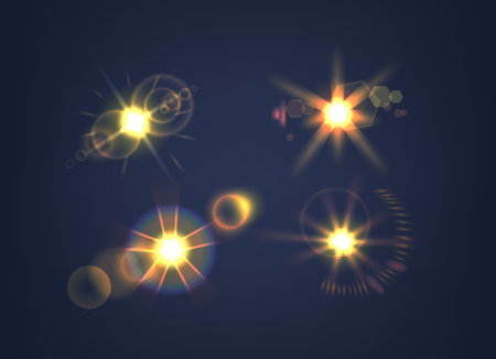 Glare And Lens Flare Merge In A Radiant Burst Of Energy. Realistic 3d Vector Sunrise Or Starlight With A Glowing Haloのイラスト素材
