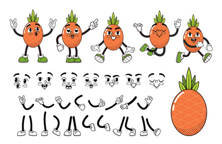 Cartoon Pineapple Tropical Fruit Character Construction Kit. Isolated Vector Set Of Retro Groovy Hippie Personageのイラスト素材