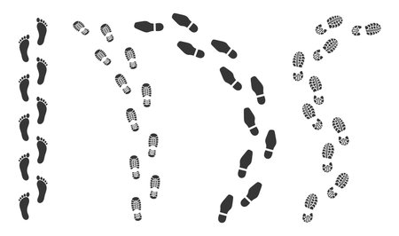Foot Print Trails, Shoe Sole And Barefoot Prints Paths. Imprints Of Various Footwear And Human Feet, Black Silhouettesのイラスト素材