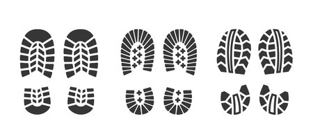 Vector Black Silhouettes Of Shoe And Boot Soles Prints, Including Human Foot Imprints, Footmarks, Shoe Patternsのイラスト素材