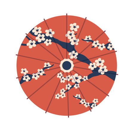 Red Japanese Umbrella with Sakura Tree Pattern Top View. Beautiful Parasol Canopy with Bamboo Ribs Covered With Paperのイラスト素材