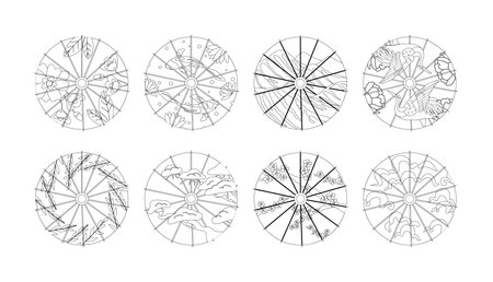 Japanese Wagasa Umbrella Isolated Vector Outline Icons Set. Traditional, Beautifully Crafted With Bamboo And Washi Paperのイラスト素材