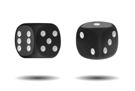Realistic Black Playing Dice Crafted From Sturdy Acrylic Or Resin, Featuring Engraved White Dots, Used In Tabletop Gamesのイラスト素材