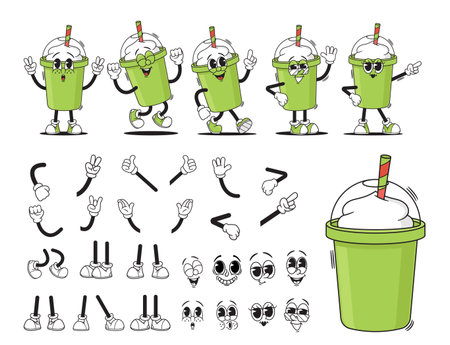 Cartoon Groovy Cup Of Milkshake, Frothy Coffee Or Smoothies Drink Character Creation Kit. Vector Hippie Plastic Mugのイラスト素材