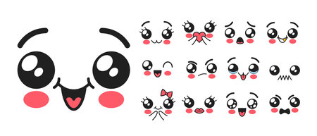 Kawaii Emojis Adorable Expressions, Such As Smiling Faces With Rosy Cheeks, Hearts, Cute Animals, And Vibrant Symbolsのイラスト素材
