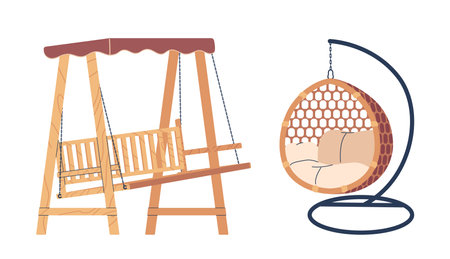 Vector Garden Furniture. Wooden Swing Bench Offers Relaxation With Gentle Sway, While An Egg-shaped Hanging Chairのイラスト素材