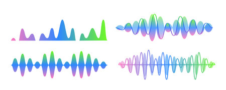 Sound Wave Symbols Represents Audio Dynamics Abstract, Digital Neon Colored Design Elements Visualizing Music Pulseのイラスト素材
