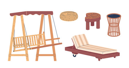 Garden Furniture Set. Wooden Swing Bench Seat, Lounging Daybed, Rattan and Wooden Chairs, Offers Relaxationのイラスト素材