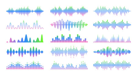 Sound Wave Symbols Set Represents Music, Waveform And Audio Frequency, Volume, And Pulse. Neon Colored Wavesのイラスト素材