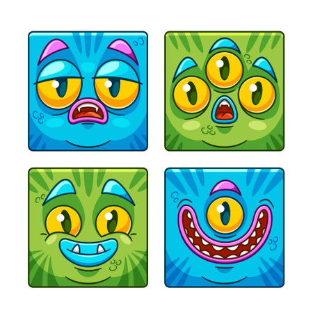 Square Icons, Emojis Or Avatars Of Cartoon Monster Face Character With Bulging Eyes, Jagged Teeth ,Vector Illustrationのイラスト素材